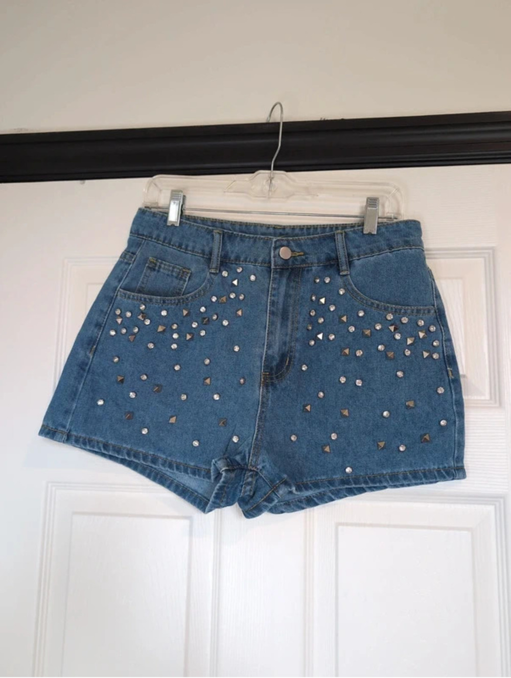 Large denim gemstone festival mini shorts